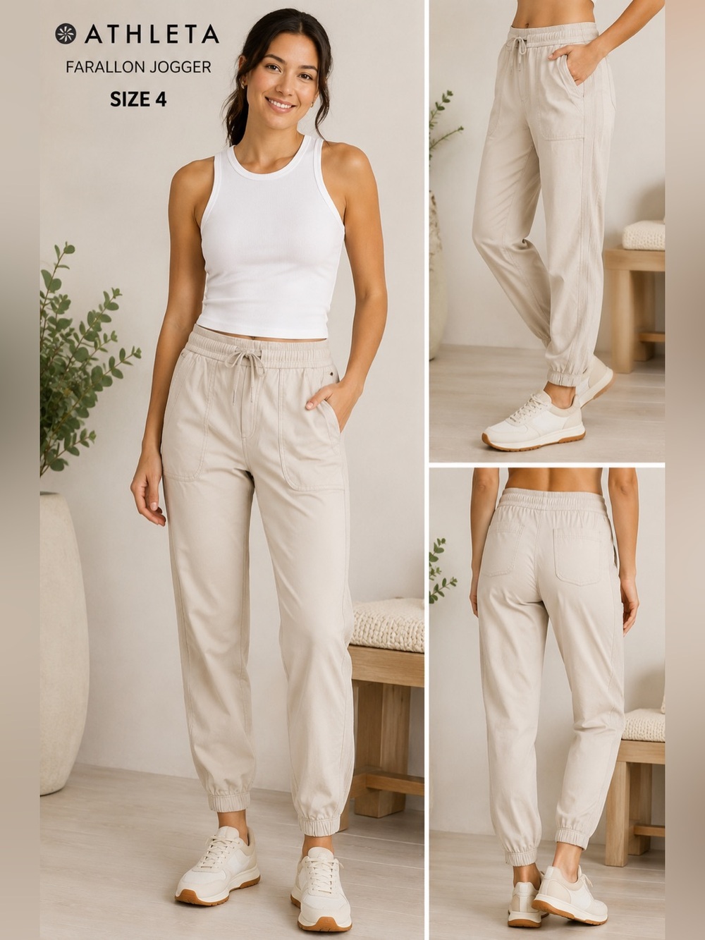Athleta Farallon Jogger Pants Cream Beige Lounge coastal travel Casual /size 4